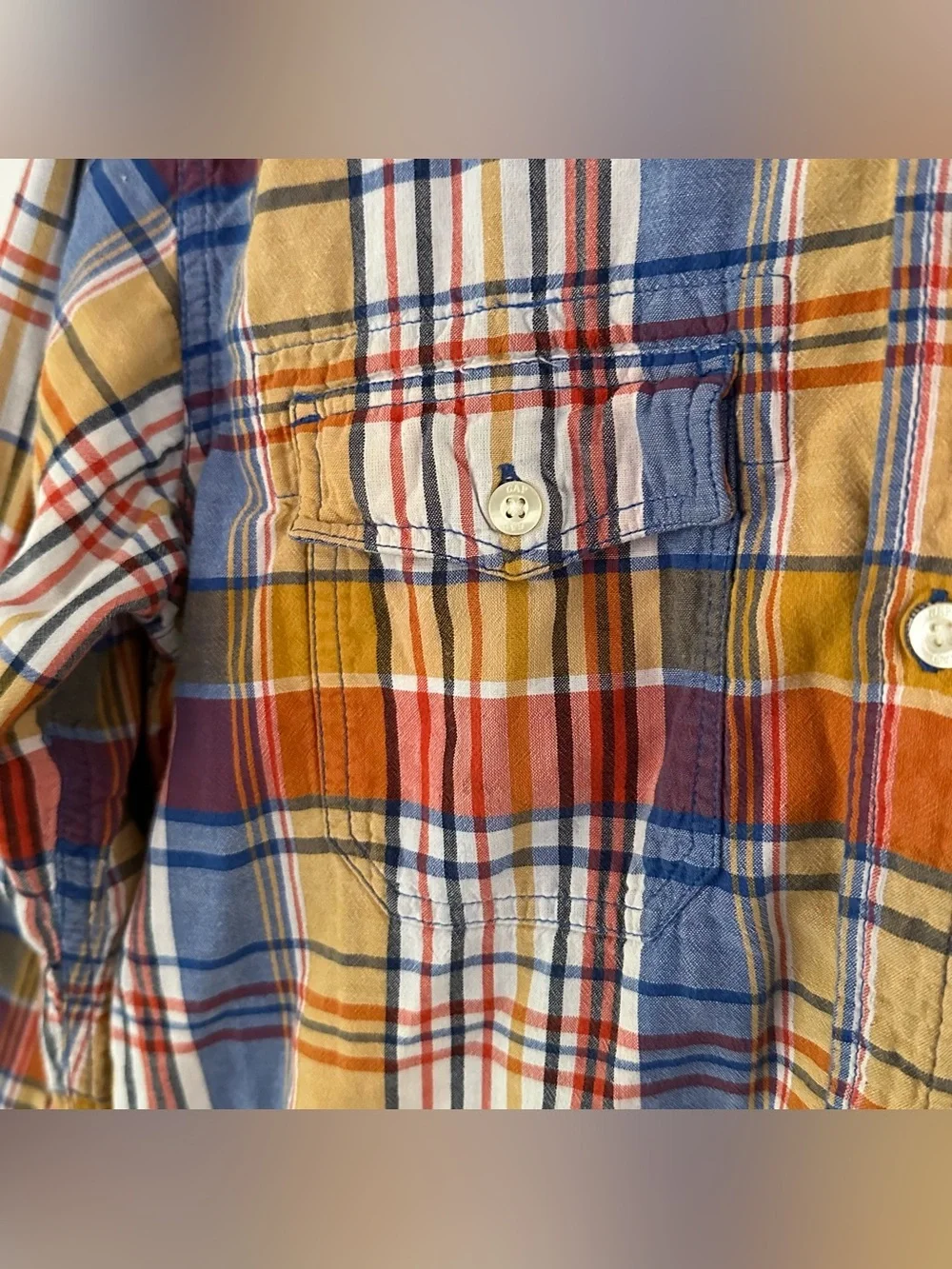 Gap Madras Plaid Button-Up Shirt Kids XXL 14-16 Orange Blue Double Layer Cotton